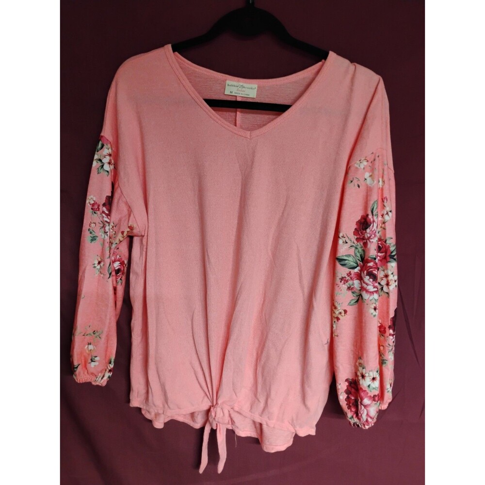 Bobbie Brooks Floral Pink V-Neck Long Sleeve Medium Top